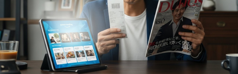「追加料金ゼロ」の最強コスパ!プライムリーディングとは?
雑誌の領収書を持っているが、プライムリーディングの便利さに気づいたシーン