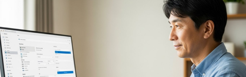 パソコンの対応しているBluetoothバージョンを確認している男性のイメージ