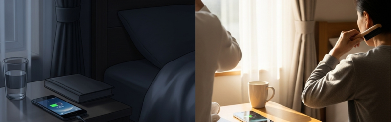 夜から朝に時間が経過したイメージ。夜に充電開始して朝までつなぎっぱなしにしている画像