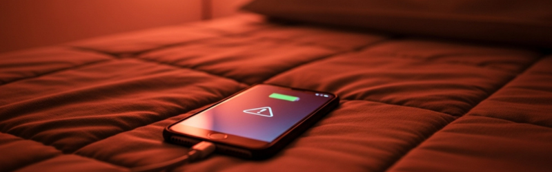 スマホバッテリーには「熱」も天敵。布団に置いてある充電中のスマホが熱を持っているイメージ