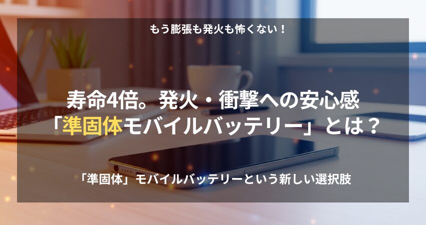 デスクの上に置かれた次世代型「準固体モバイルバッテリー」のイメージ。安全性と長寿命を象徴する清潔感のあるワークスペース。
