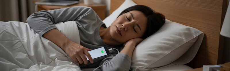 寝るタイミングでスマートフォンの充電をする女性。朝にフル充電されているのが安心
