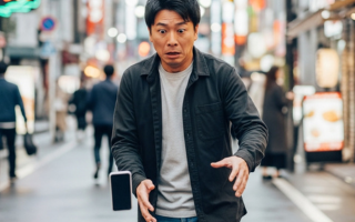 スマホを落としそうになって慌てる男性の画像。