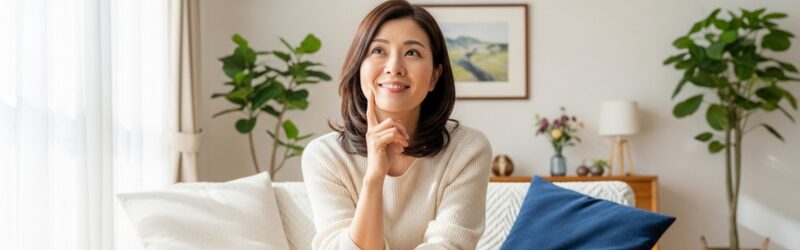 準固体のモバイルバッテリーとリチウムのモバイルバッテリーを比較して悩む女性。