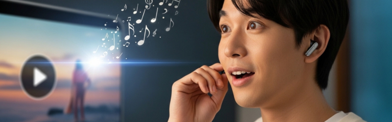 自分のイヤホン選びがうまくいき、気に入ったイヤホンを手に入れた男性の画像。