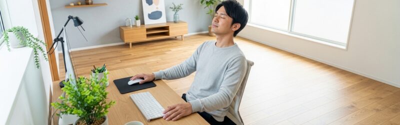 ワイヤレスはコードが無くなる。そしてデスクが広くなる！すごくスッキリして感動している男性