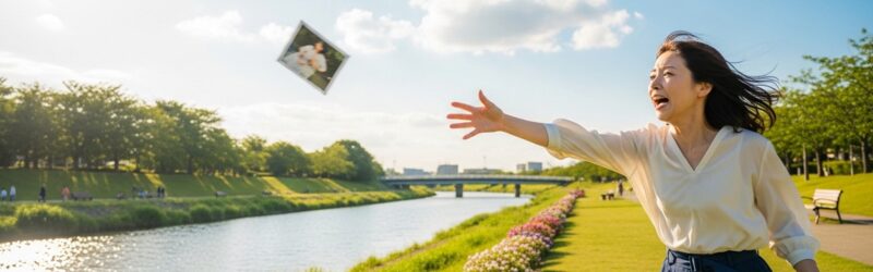 2年放置で電ファイルデータ削除というポリシーを表す、女性の画像。女性は風で飛ばされた写真をつかもうと手を伸ばしている。