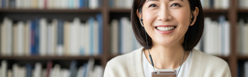 オーディブルで学びの時間・方法・質が変わる。知識を耳から入れて効率的で楽しい読書を喜んでいる女性。