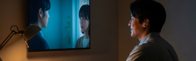 aptXで遅延がなく快適にドラマを観ているイメージ。