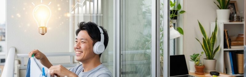 洗濯ものを干しながらオーディブルを聴く男性。聴いていた本にヒントを貰い笑顔