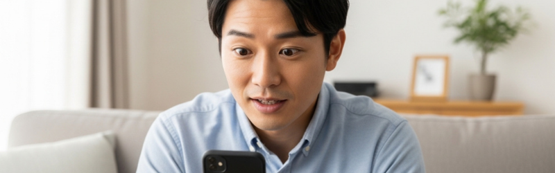 予想よりも簡単にオーディブル解約ができることに驚くと同時に安心する男性。