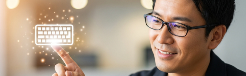 初めてのワイヤレスキーボード選びで気に入ったものを見つけた男性