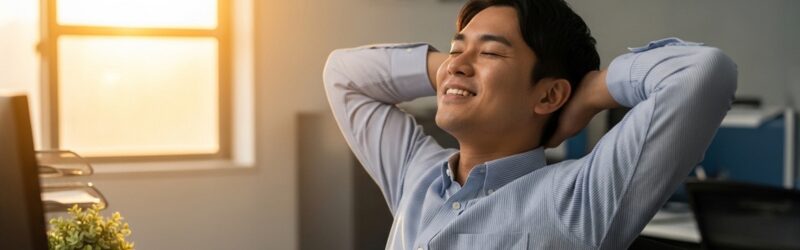 ワイヤレス化できて、普通に問題なく仕事ができ、しかもデスクがスッキリした、そんな環境を楽しむ男性