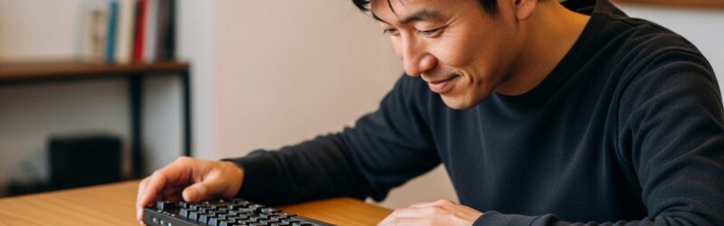ワイヤレスキーボードに変えたことでの不安が「問題ない」とわかり安心した男性の画像
