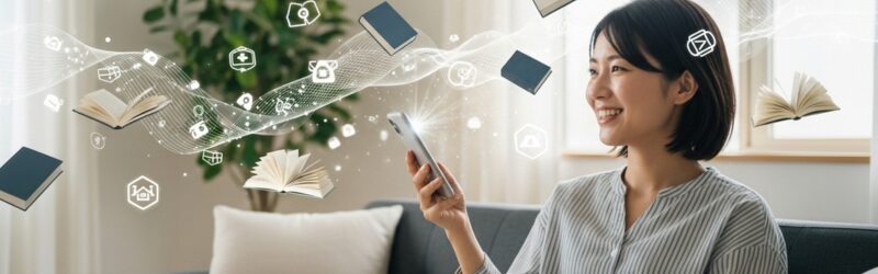 プレミアムプランで数十万冊の本をスマホで持ち歩く感覚で知識を学び、物語を楽しむ女性
