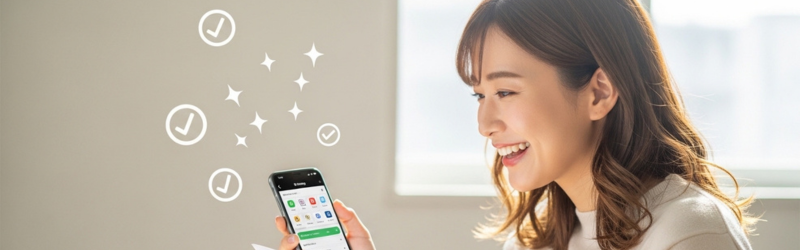 スマホ・イヤホンが「aptX」や「LDAC」に対応しているか確認している女性