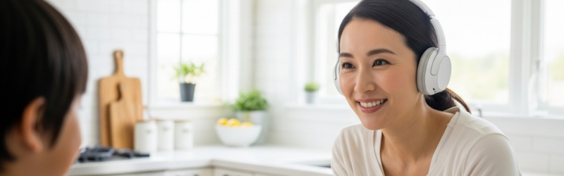 Soundcore Space Q45の機能を活かし、音に惑わされない楽しい生活をする女性のイメージ