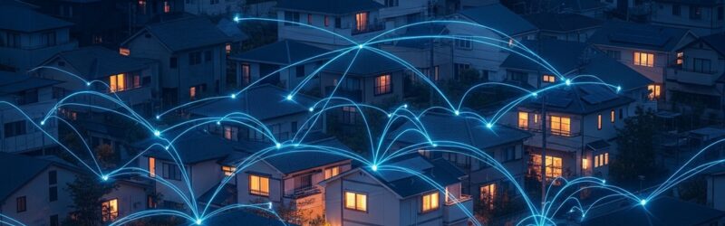 家々を繋ぐインターネットを表現した画像で「夜に遅くなる」原因をイメージ