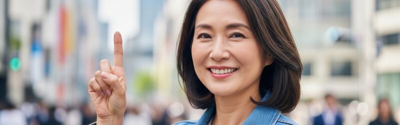 乗り換え前に「注意！」と気を付けるべきポイントを教えてくれる女性のイメージ。