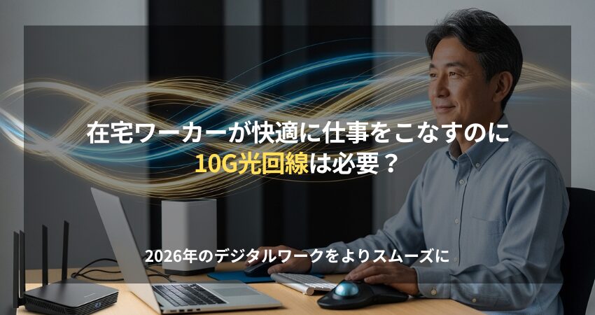 在宅ワーカーが10G光回線を導入して快適に仕事をしているイメージ画像。最新ルーターと高速通信の光のラインが描かれている。