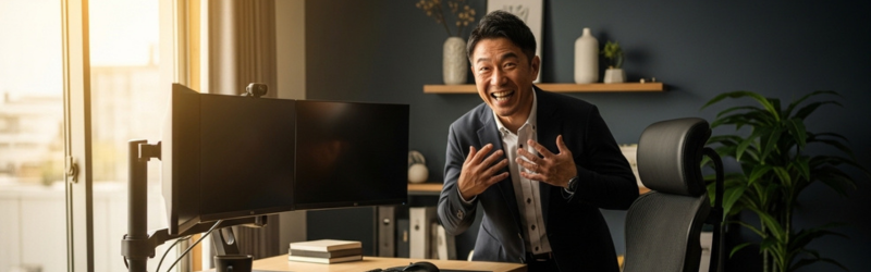 上手にスマホ料金を見直し、デスク環境を整え喜ぶ男性