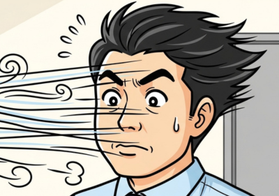 急なブロワーの風にびっくりしているイラスト。
