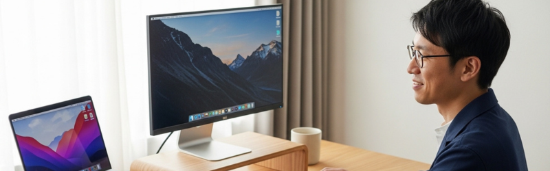 固定費を見直し、浮いたお金をデスク環境に回す。うまく流れてお気に入りのガジェットが増え喜ぶ男性。