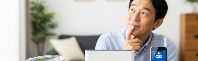 光回線・ホームルーター・モバイルWiFiの3つを比べて迷っている男性