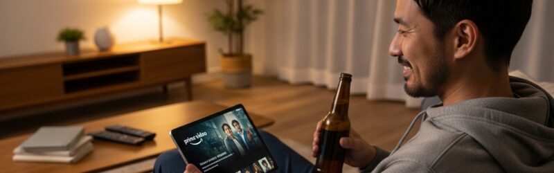 Amazonプライム下院になり、固定費を下げることで、好きなビールを飲んだり好きな映像を見れる幸せをかみしめる男性。