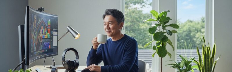 スマホを安くしたい！を実現してデスク環境を整えられ満足な男性のイメージ