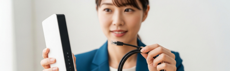 10ギガ回線で快適に仕事をするには、対応ルーターやケーブルが必要だと、準備をする女性