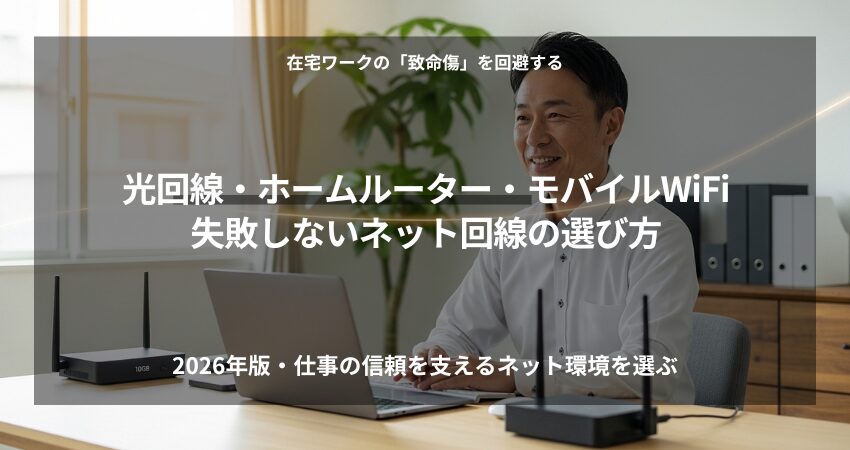2026年版の在宅ワーク向けネット回線比較。10GB光回線、ホームルーター、モバイルWi-Fiの選び方を解説するイメージ画像