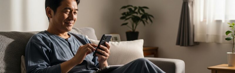 家のリビングから出ることなく、スマホの乗り換えをしている男性