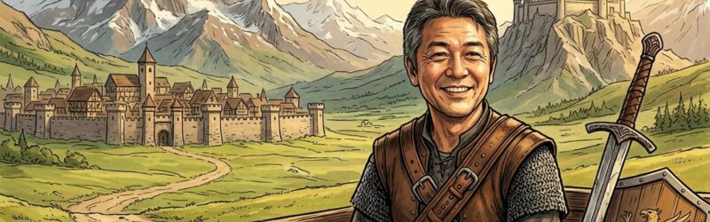 異世界の土地をおじさんが冒険しているイラスト。