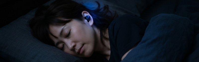 暗い部屋でベッドに入りAudibleを聴きながら眠りにつく女性