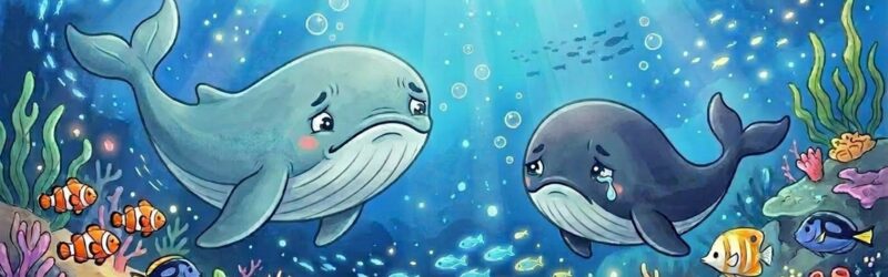 悲しい顔で海の中でクジラが会話しているイラスト。