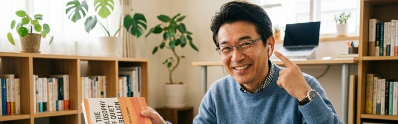 積読本の横で、Audibleを楽しみながら晴れ晴れとした笑顔を見せる日本人男性。読書の悩みから解放された充実感あふれる様子。