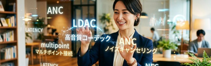 知的な雰囲気の日本人女性が、空中に浮かぶデジタルな単語（ANC、LDAC、マルチポイントなど）を、手で優しく整理している