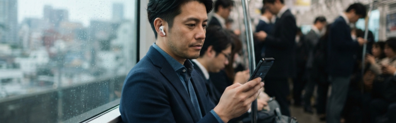 電車移動中にイヤホンでAudibleのビジネス書を聴く男性