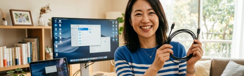 男性が「これだ！」という表情で1本のType-Cケーブルを掲げている。