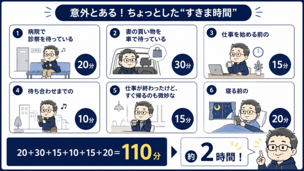日常のスキマ時間を足し合わせると合計110分になることを示すイラスト