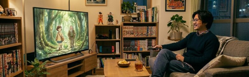 夜のDMMTVタイムを楽しんでいる男性。ソファーに座りテレビに映る配信コンテンツを楽しんでいる。