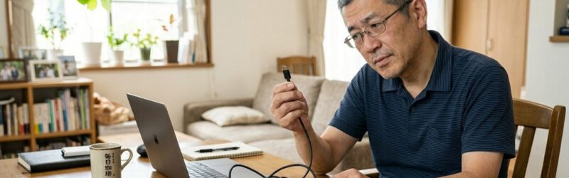 USB Type-Cケーブルの見た目が同じすぎて、どれがどれだかわからず思考停止した男性。