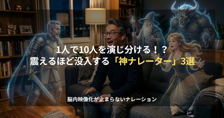 イヤホンでオーディオブックを聴き、周囲に騎士や魔物などの物語の登場人物が浮かび上がる様子に驚き喜ぶ50代の日本人男性。オーディブルの没入感を表現したイメージ。