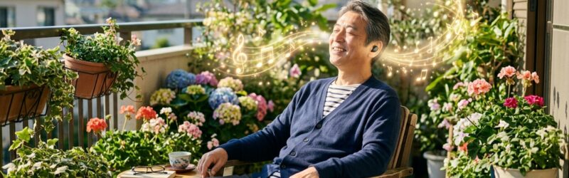 プロのナレーターさんの圧倒的な演じ分けを体験して本の中の物語を楽しんでいる男性