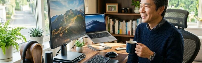 男性が、お気に入りのガジェットに囲まれながら、リラックスした様子でコーヒーカップを片手にモニターを眺めている。