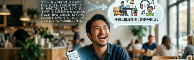 明るいカフェで、スマートフォンの画面（スペック表）を見つめていた日本人男性