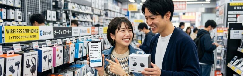 家電量販店の明るいイヤホンコーナーで、スマートフォンのチェックリストを確認