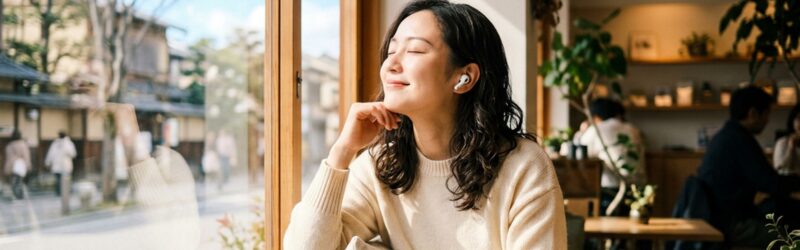 窓際の明るい席で、新しいお気に入りのイヤホンを耳につけ、穏やかな表情で目を閉じている