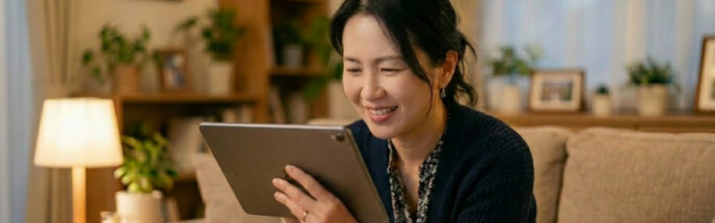 スマホよりタブレットやテレビ、パソコンディスプレイの方が大きくて見やすいのを感じた女性